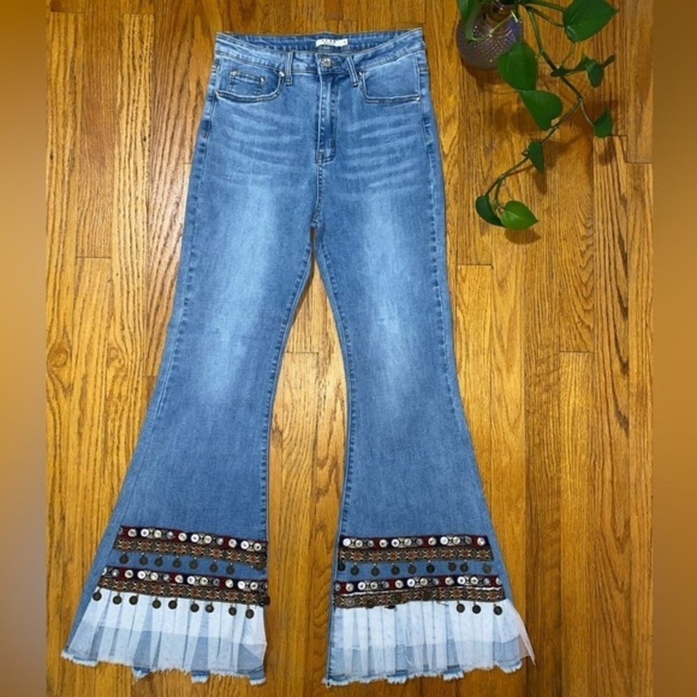 Moda Luxe BOHO Flare Bell Bottom Jeans with Bohemian Embellished Hem, Coachella
